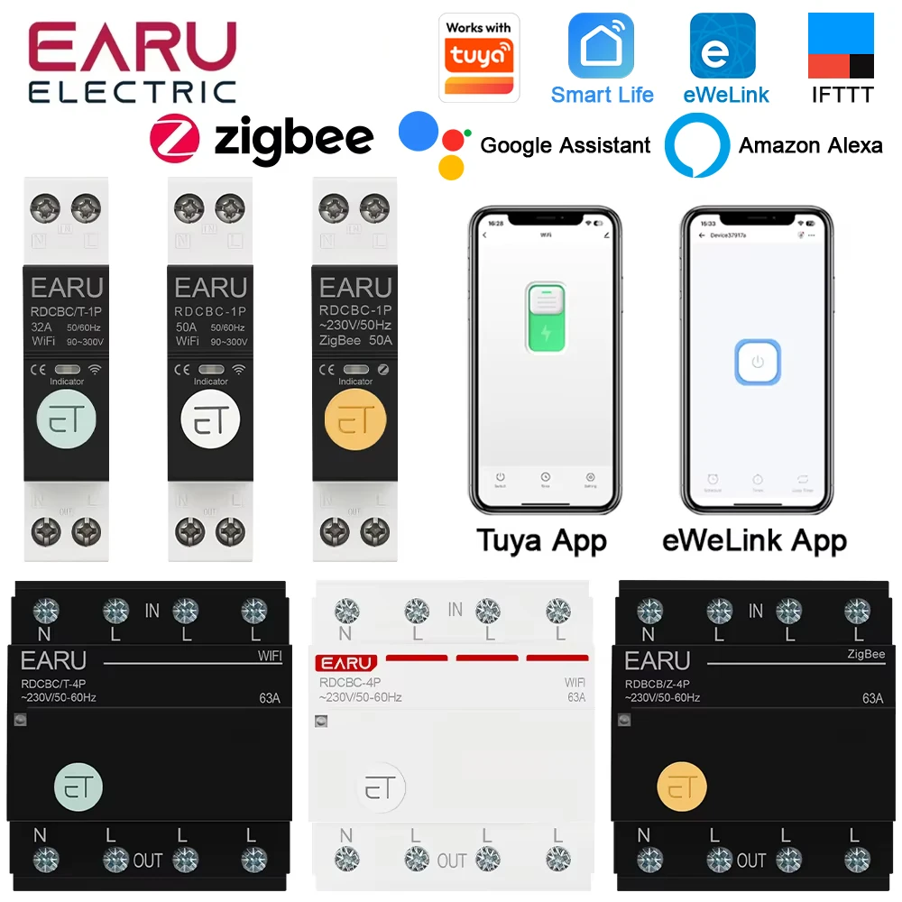 EARU 2P 4P Tuya EWeLink WiFi ZigBee Smart MCB Circuit Breaker Time Relay Switch Voice Remote Control Alexa Google Home Assistant