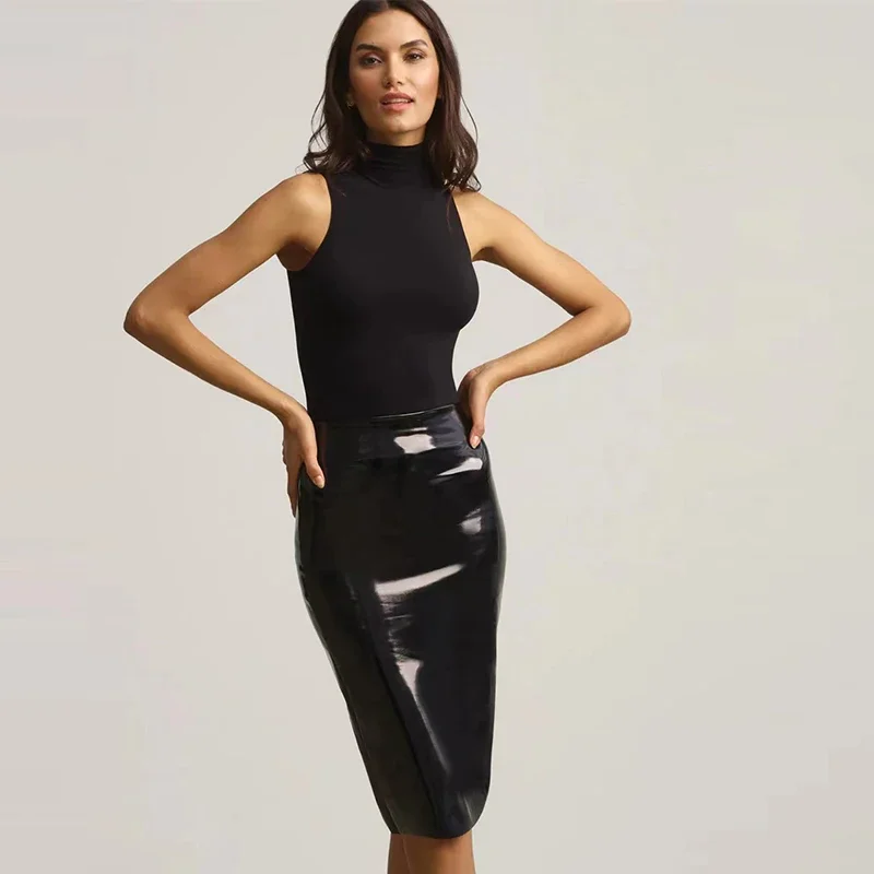 Stretch Slim Faux Latex Skirt Women High Waist Sexy Bodycon Shiny Patent Leather Pencil Skirt Hem Back Split Clubwear Custom New