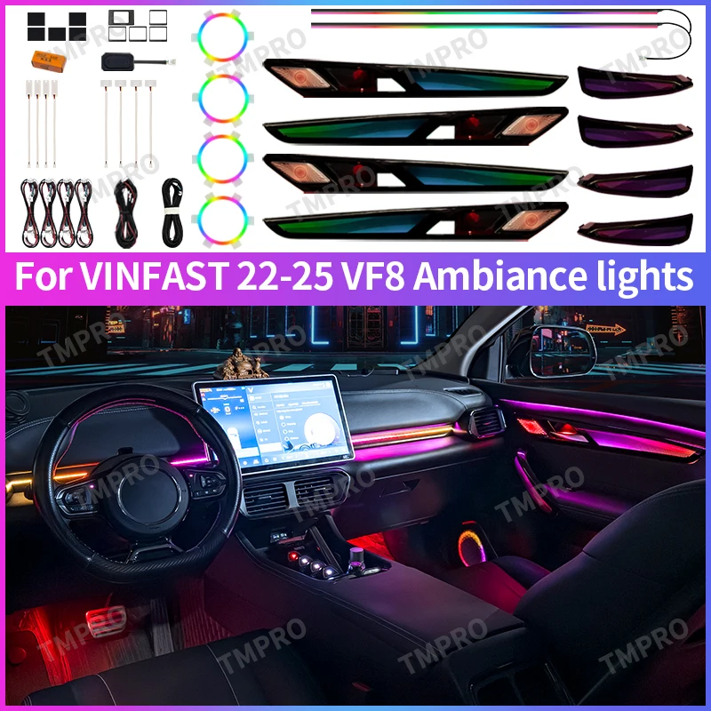 

Подходит для VINFAST VF8 2022-2025, окружающее освещение, украшение интерьера автомобиля, 64 цвета, светодиодные системы помощи при безопасности
