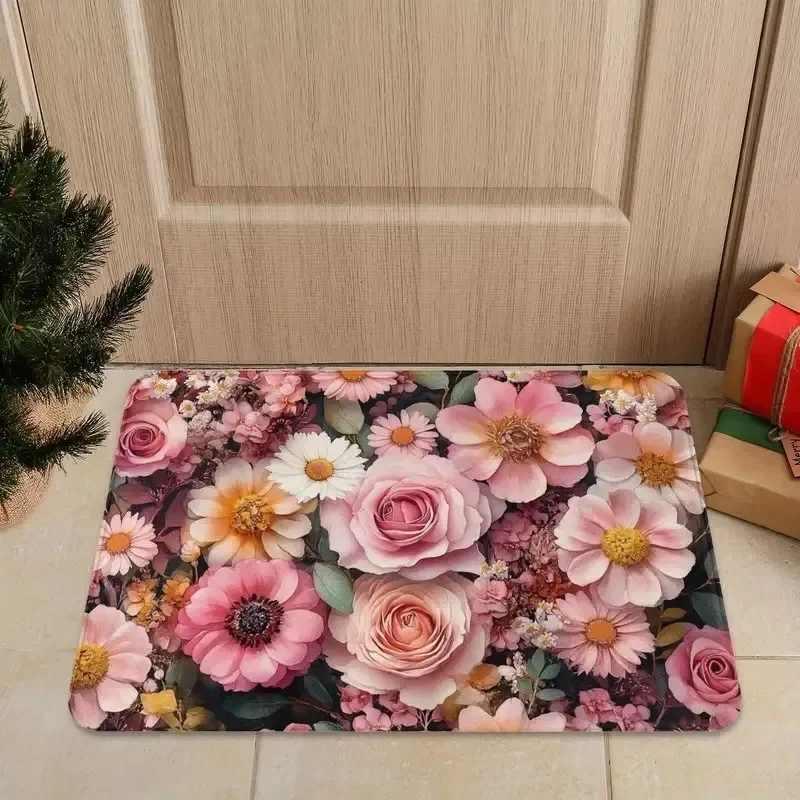 2D Floral Door Mat for Household Kitchen Bathroom Bathroom Floor Mat Resistant Dirt and Entrance Door Mat for Foyer Decoration