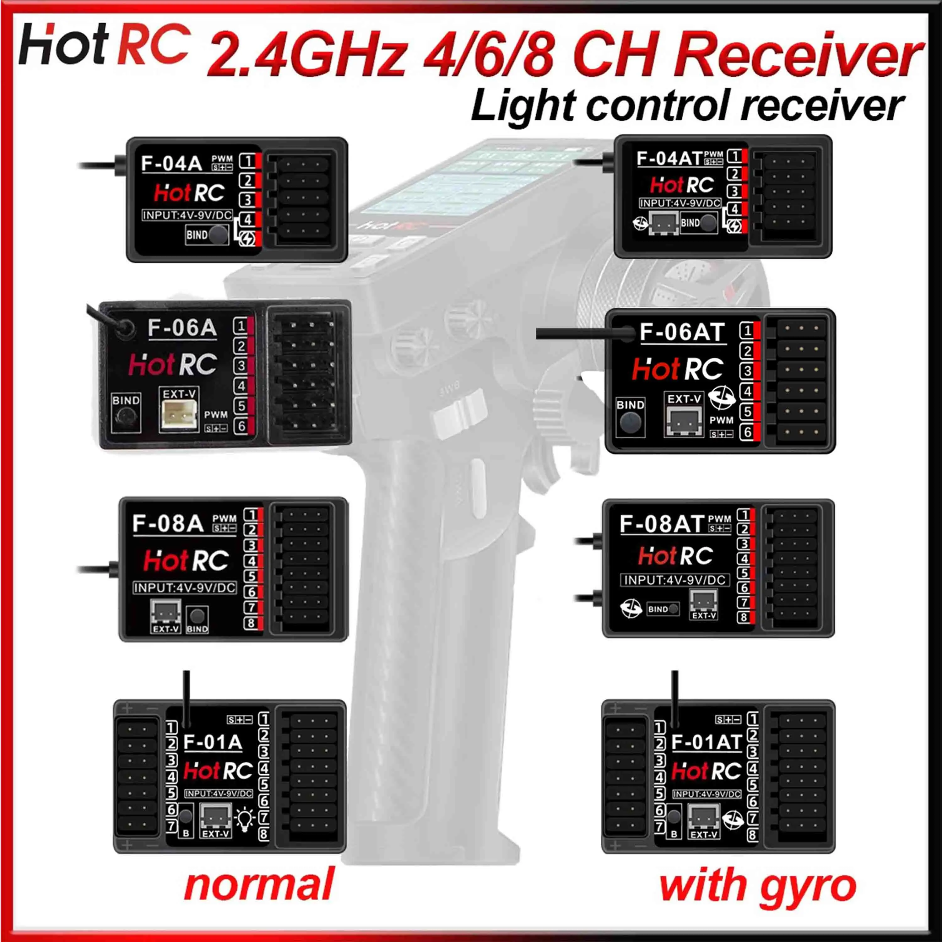 HOTRC 2.4GHz F-04AT F-06AT F-08AT F-01A F-01AT Gyro/Light Control Receiver 4/6/8 CH for CT-4A CT-6A CT-8A HT-8A Transmitter