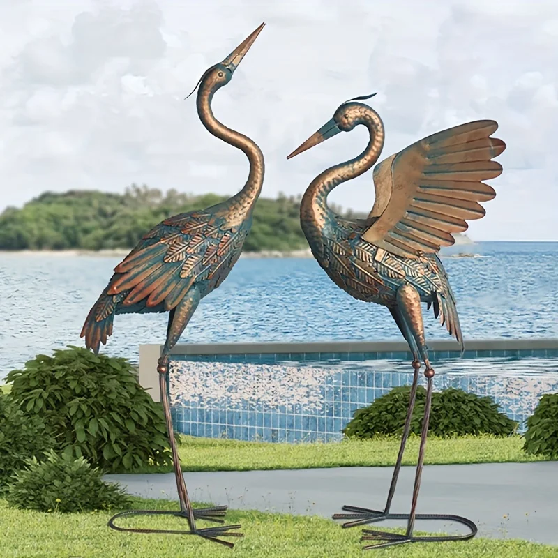 Metal Crane Sculptures Decor, Garden Statues Bird Yard Art, Standing Sculptures For Yard Lawn Pond, Vintage Spread Wings Crane