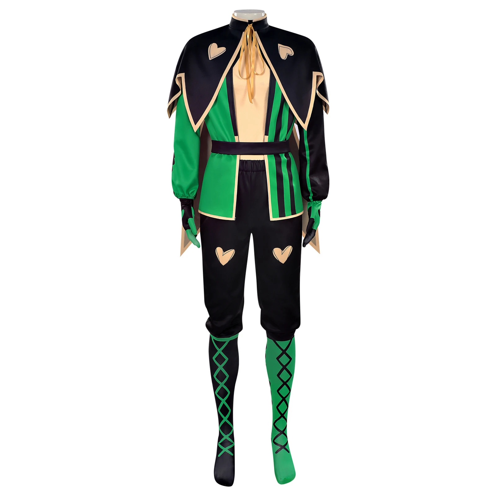 

Circus Pierrot Cosplay Costume Men Green Clown Uniform with Striped Socks Mask Cloak Game Adult Halloween Outfit Set