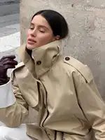 Trench-Coat décontracté à col montant et ceinture pour femme, Chic, contraste, simple boutonnage, manteaux courts amples, vêtements d'extérieur quotidiens de rue, nouvelle collection 2026 5