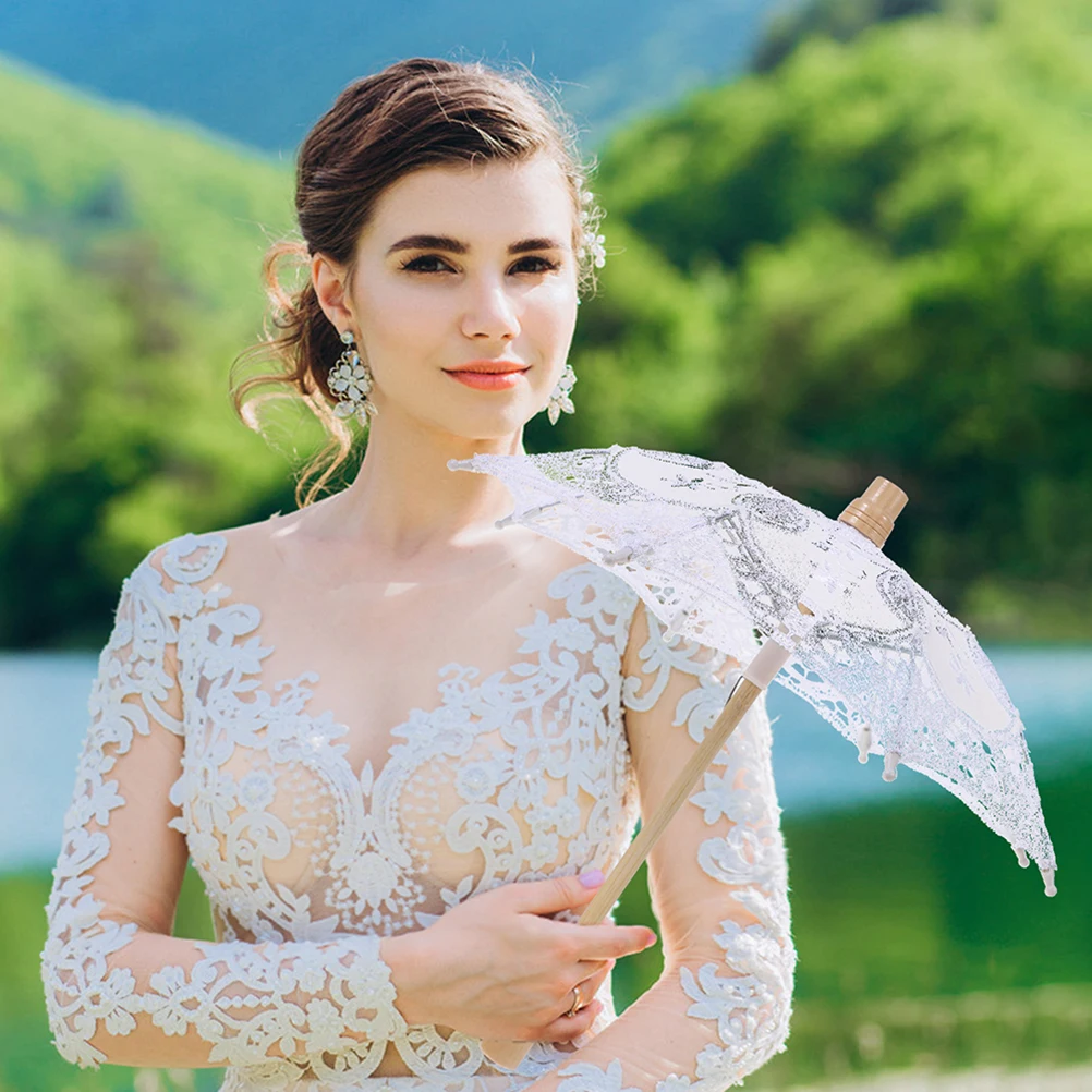 

2pcs Umbrella Wooden Lace Lace Parasol Handle Wedding Photo Props Elegant Wedding Umbrella Ornament Supply Parasol Craft