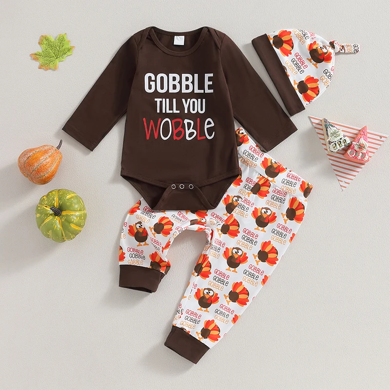 

Adorable Baby Thanksgiving Costume Set with Long Sleeve Romper Turkey Pants and Hat - Infant Thanksgiving Outfit for Boys and