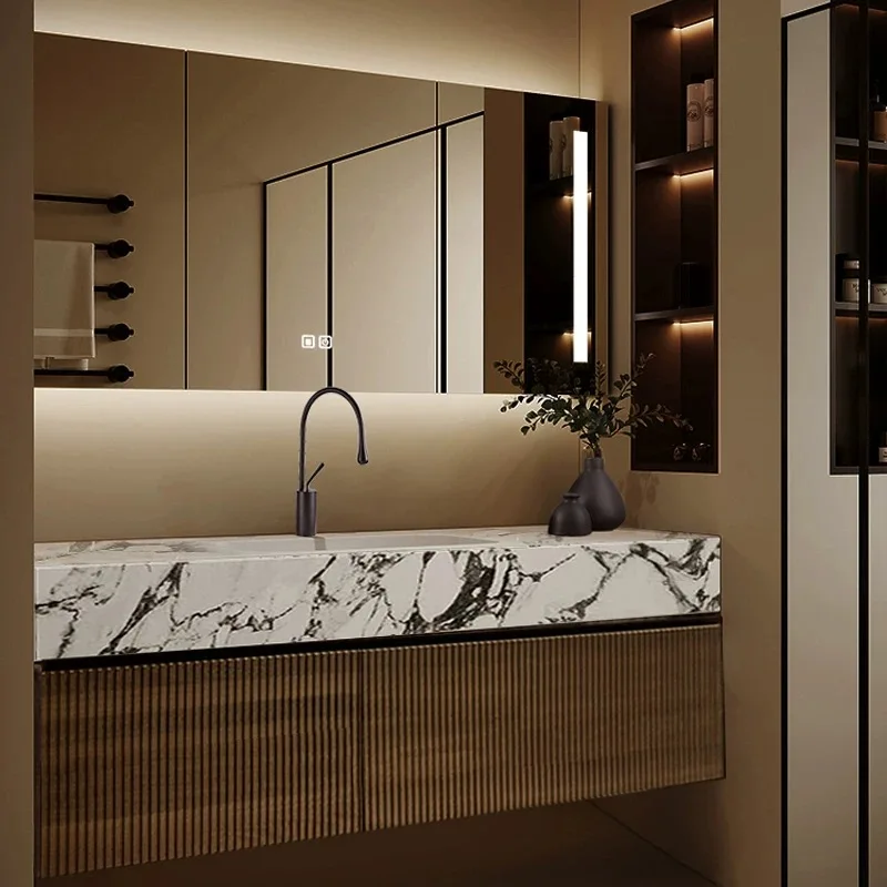 Modern Luxury Full Bathroom Cabinet Smart Light Emitting Diode Mirror Vanity with Sink and Copper Drain