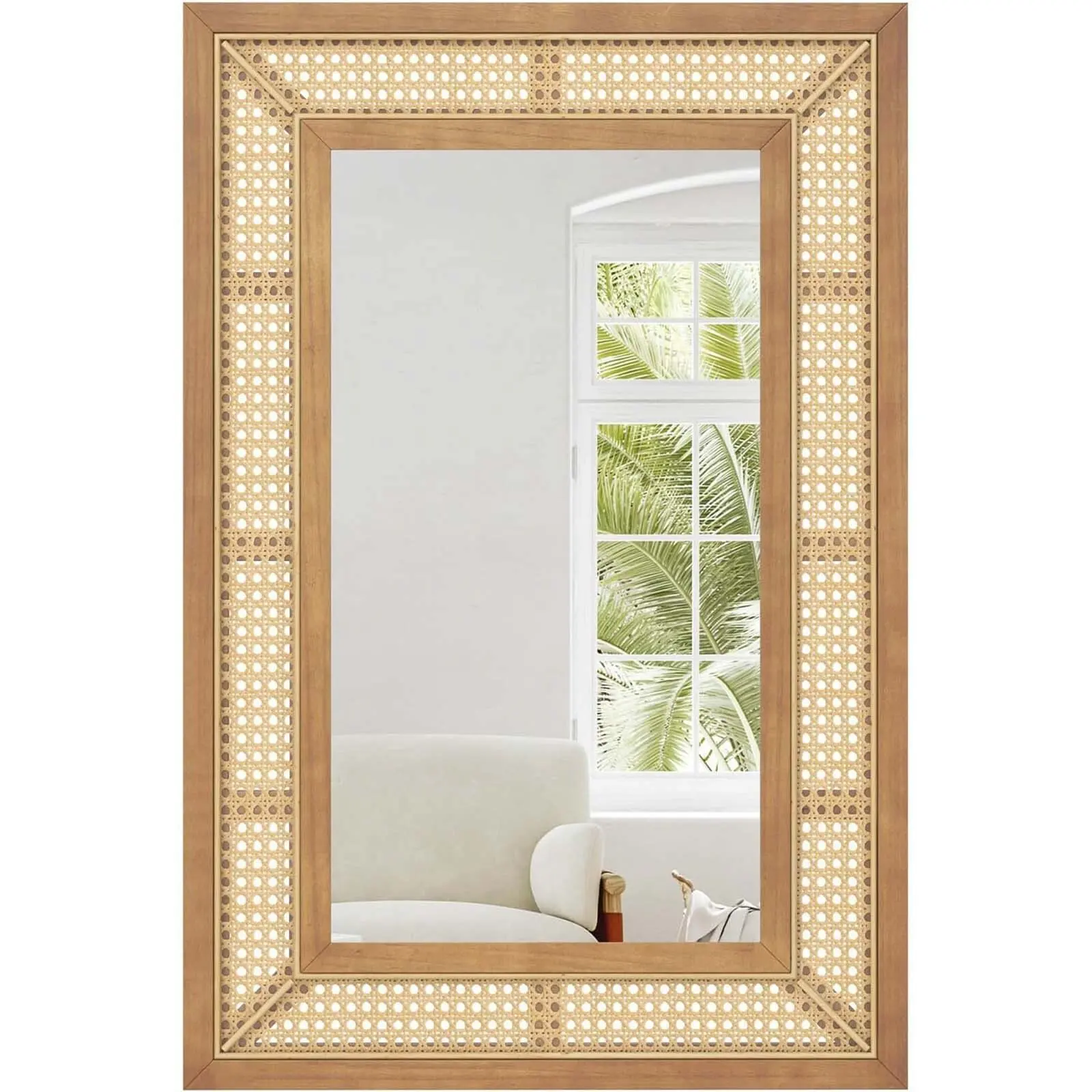 Prostokątne lustro ścienne z rattanu, 90 x 60 cm, lustro dekoracyjne z drewnianą ramą i haczykami, do zawieszenia poziomo lub pionowo, naturalne.