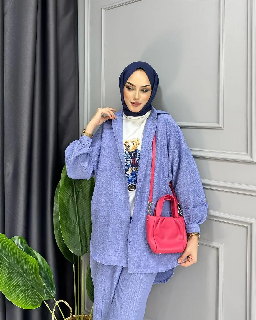 Women Eid Muslim Sets Single Breasted Two Pieces Cardigan Ensemble Kaftan Button Blouses Wide Leg Pants Arab Sporty Loose