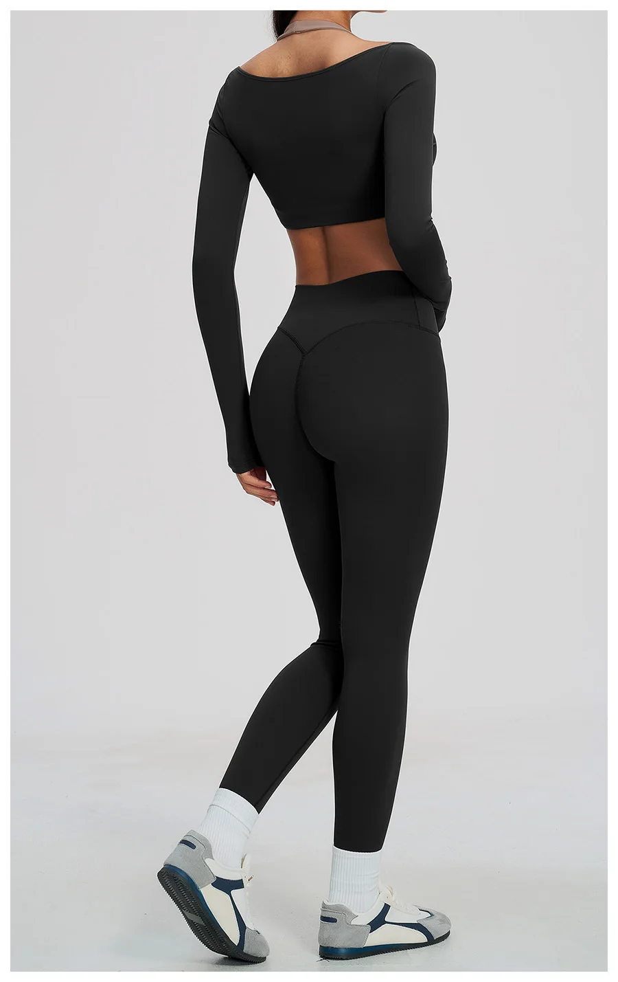 Yoga-Set 2-teilig, Fitnessbekleidung, Trainingsanzug, Lauf-Sportbekleidung, Outfit, hochtailliert, weites Bein, langärmeliges Crop-Top – Detail 26