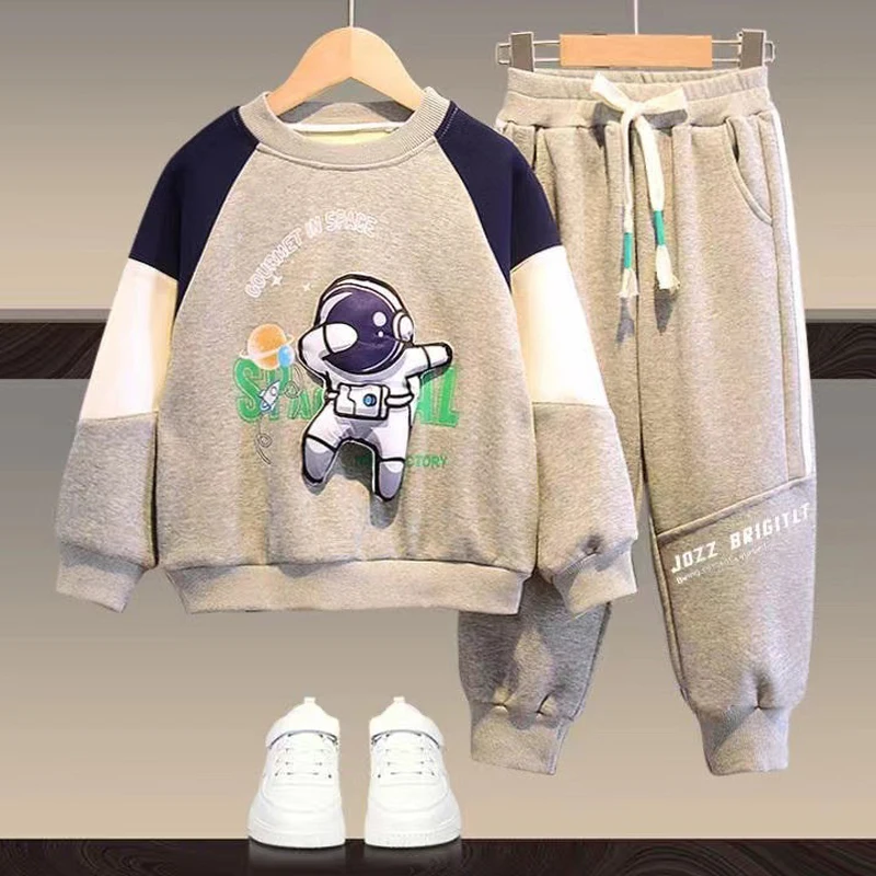 4-12 Years Boys Clothing Set Cartoon Astronaut Letter Print Long Sleeved Sweatshirt+Pants 2Pcs For Teenagers Boys Casual Suit