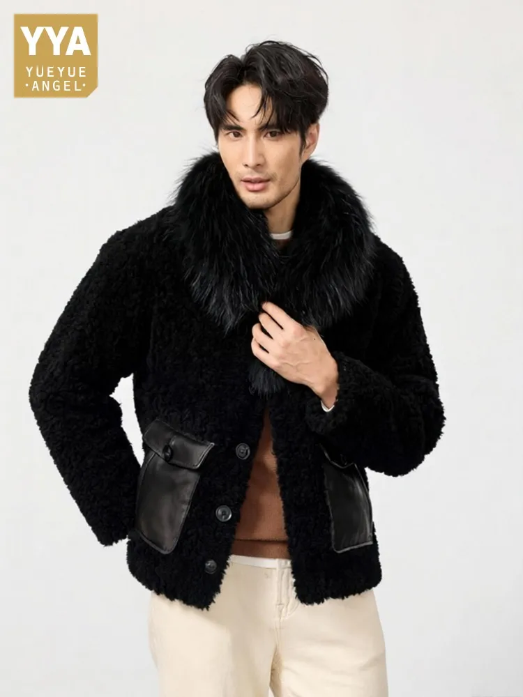 Winter Mens Real Sheep Fur Down Jacket Vintage Raccoon Fur Business Casual Work Overcoat New Leather Pockets Natural Wool Coat