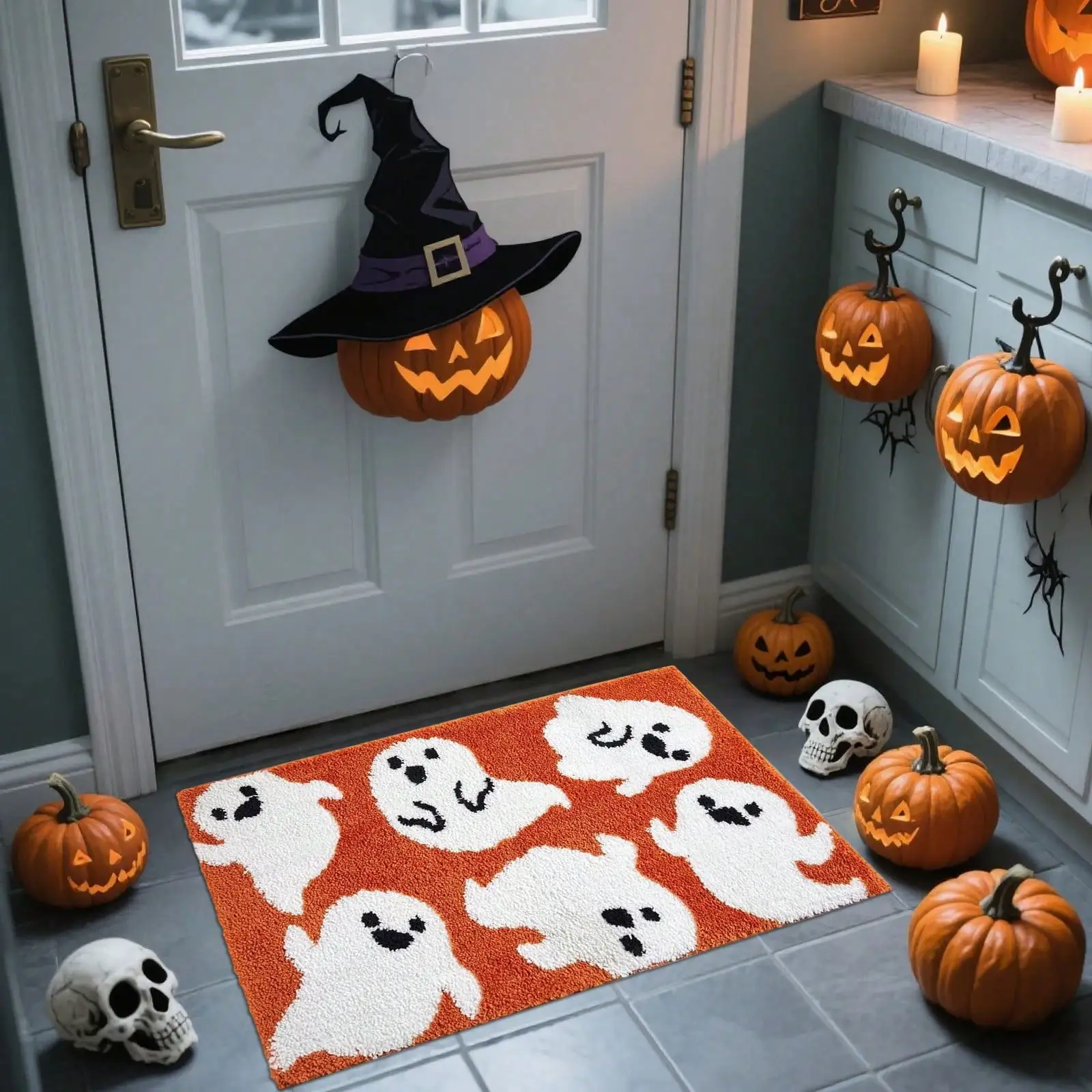 Cute Orange Ghost Bath Mat Non-Slip Machine Washable Halloween Gift All Saints' Day Decor All Saints' Day Gift Ghost Fun Halloween Bathroom Rug Bathroom Decor, Area Decor Rug, Halloween Home Decor, Bathroom Small Rug - Perfect For Home Entrance Or Bedroom