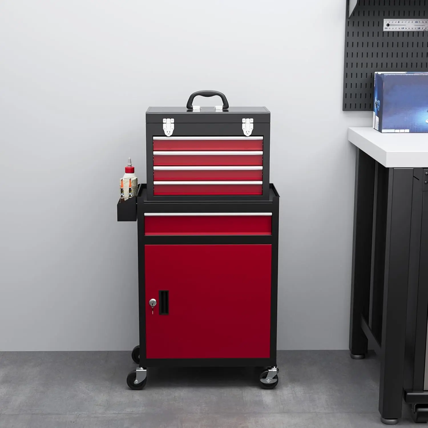 #￥forJINFENG Steel Rolling Tool Chest 5 Drawers Lockable CabinetPortable TopToolRoller Cabinet AdjustableHeightWorkshop Home Red