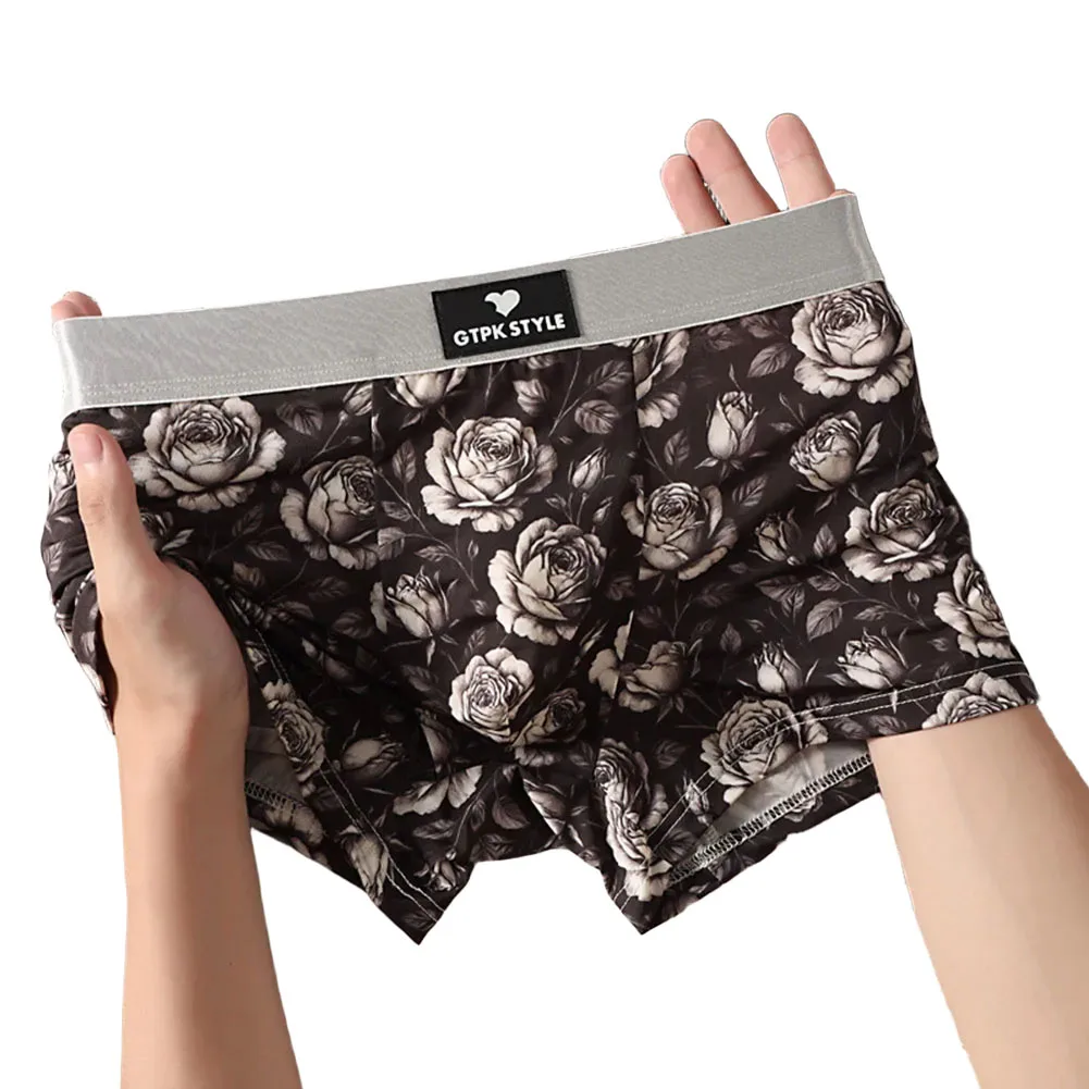 ملابس داخلية بوكسر للرجال بطبعة وردية مع قماش مسامي بتصميم كلاسيكي مسطح للزاوية مناسبة بشكل مريح
