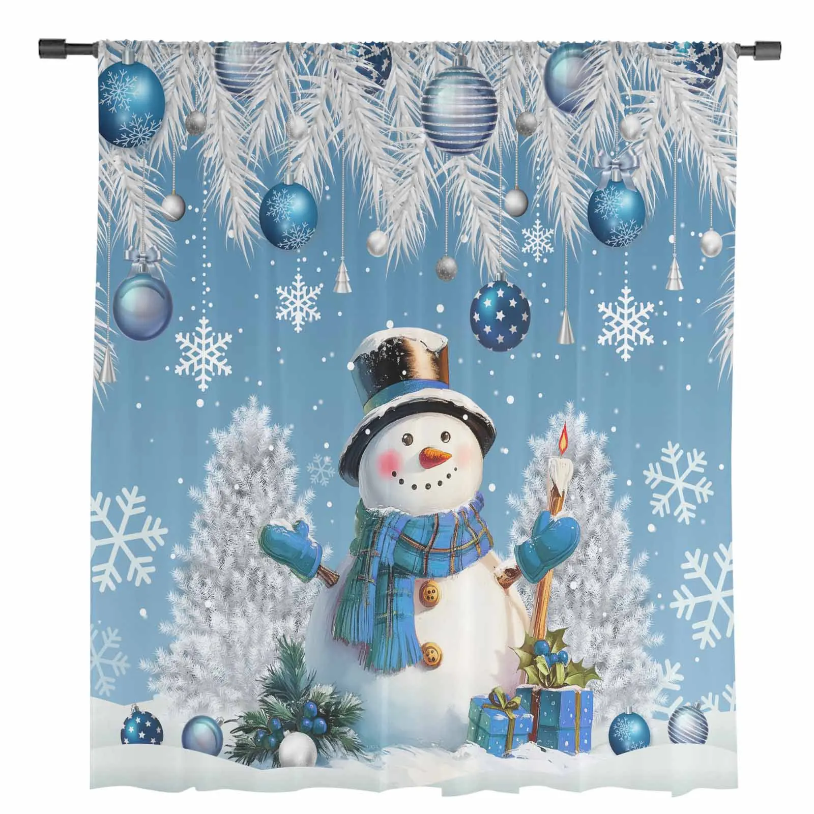 Christmas Snowman Pine Leaves Christmas Ball Bule Sheer Curtains Bedroom Decoration Window Curtains Kitchen Tulle Voile Curtains