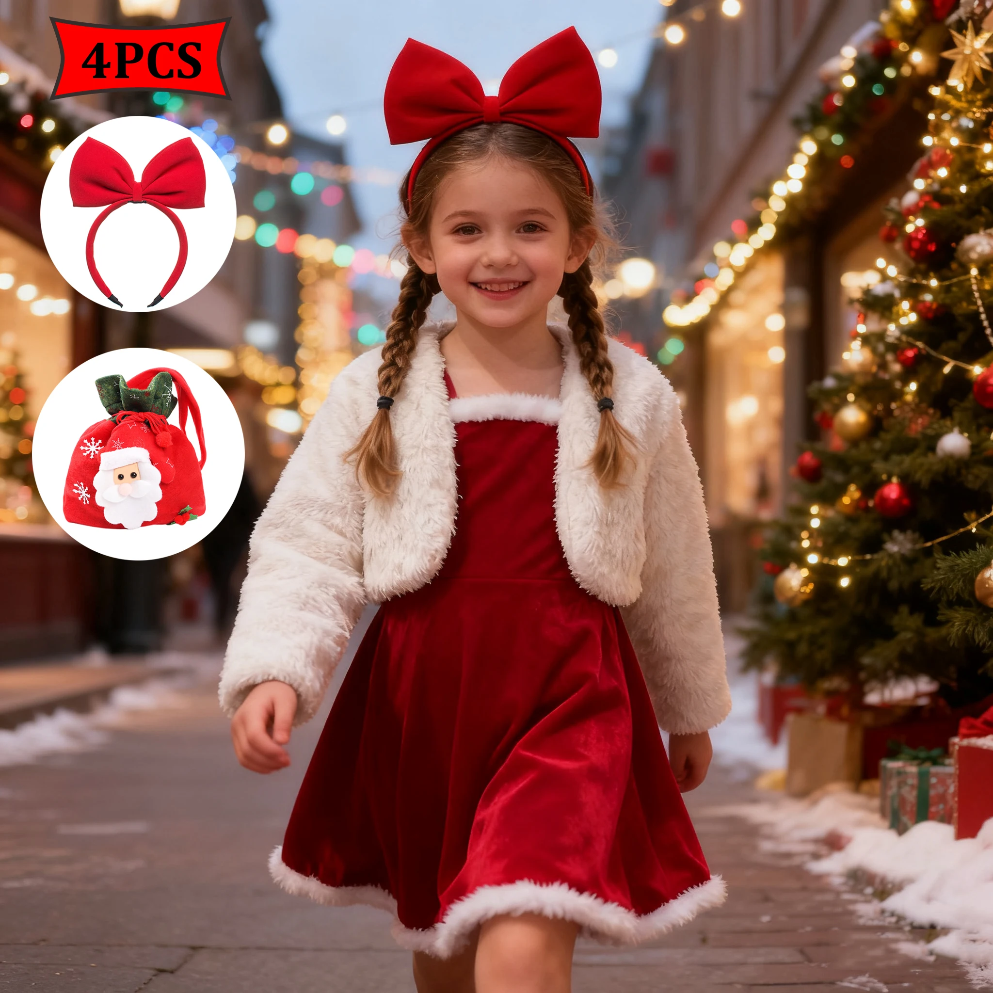 2026 Baby Girl's Autumn/Winter Costumes Christmas New Year Plush Red Velvet Dress +White Fleece Coat Set Kids Girl Clothes