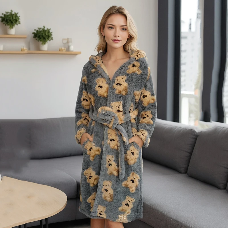 Loose Long Thick Bath Robe Hooded Winter Thick Women Bathrobe Flannel Terry Warm Comfortable Sleepwear for Female Dressing Gown