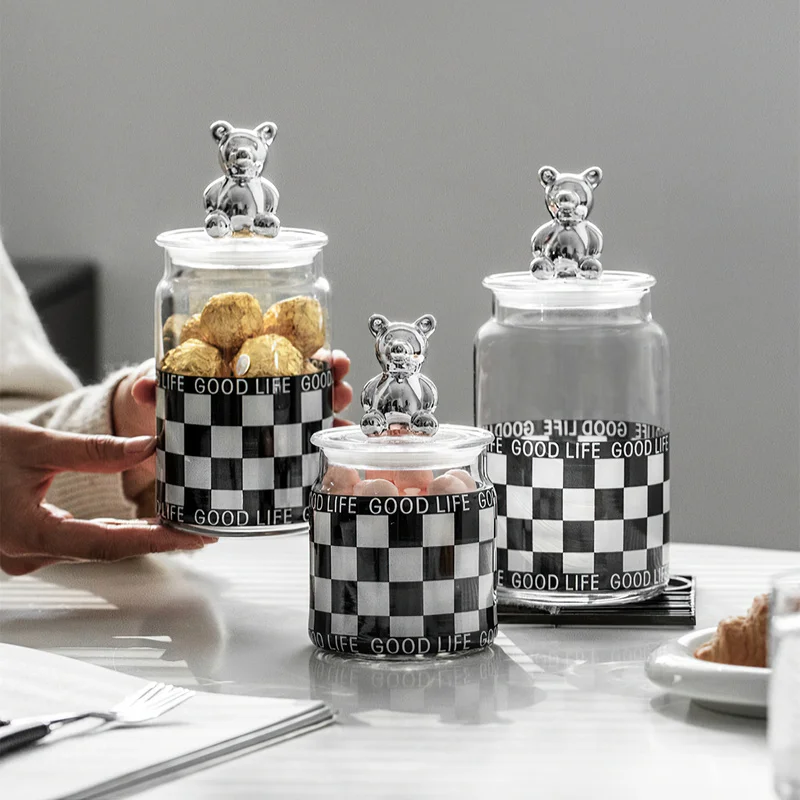 

Glass Sealed Jar Korean Checkerboard Bear Storage Jar Coffee Tea Condiment Storage Box Home Decoration Kitchen Supplies