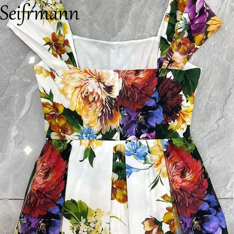 فستان Seifrmann كاجوال بنمط العطلة للنساء برقبة مربعة وحزام سباغيتي بدون ظهر فساتين قطنية مطبوعة بالزهور