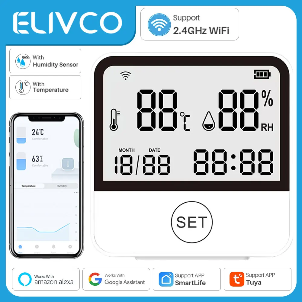 Tuya WiFi Smart Temperature And Humidity Sensor Thermometer Hygrometer Indoor With LED Screen Display Support Alexa Google Home