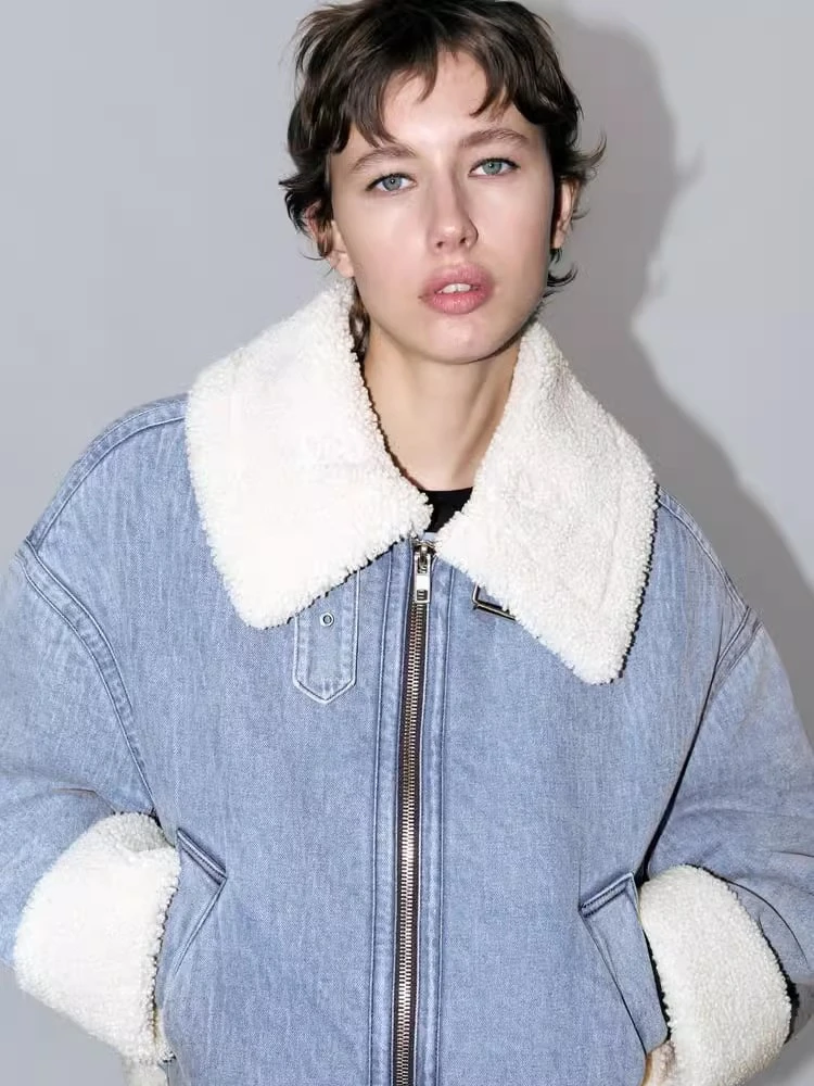 سترة نسائية بنمط راكبي الدراجات من القطن مع ياقة مخملية، معطف شامل مبطن بالفرو، أكمام طويلة، إغلاق بسحاب، لون موحد، ملابس خارجية