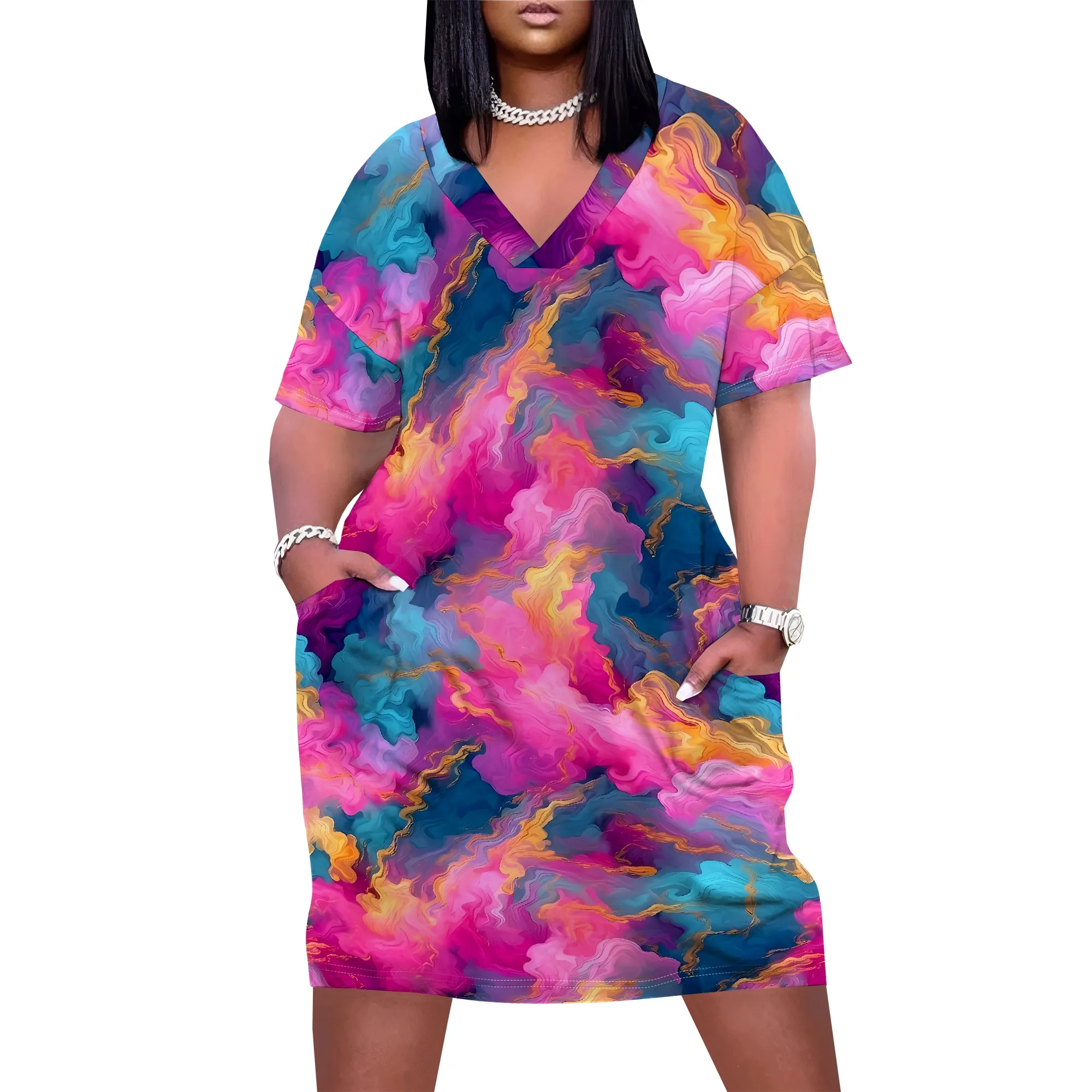 Plus Size V Neck Short Sleeve Dress for Women Geometric Marble Print Casual Summer Midi Dress