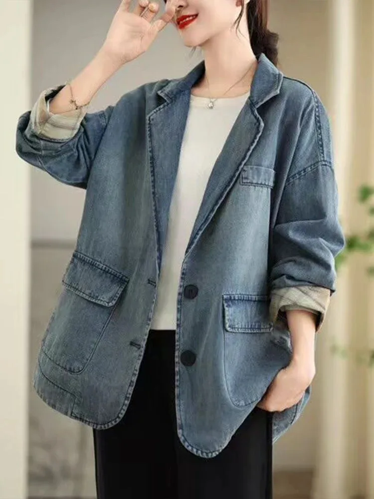 Amax LuluE 2026 Spring Korean Coats Womens Fashion Denim Jackets Ladies Loose Vintage Classic Outerwear Leisure Big Size Clothes