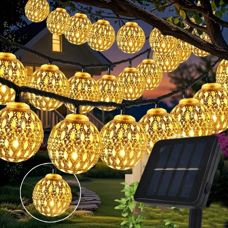 Outdoor Solar Moroccan Ball String Light-50/30/20 LED Garden Light, 8 Modes, for Garden Fence Christmas Party Holiday Light Xmas