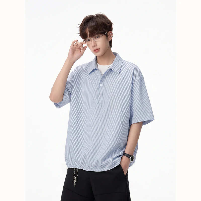 

2026 Summer Men's Vertical Stripes Short-Sleeved Casual Shirt with Collar and Casual T-Shirt for Men and Women in the Same Style