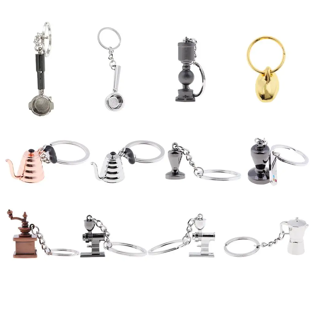 Zinc Alloy Keychain Coffe Pot Frothing Jug Grinder Tamper Shape Keyring NEW