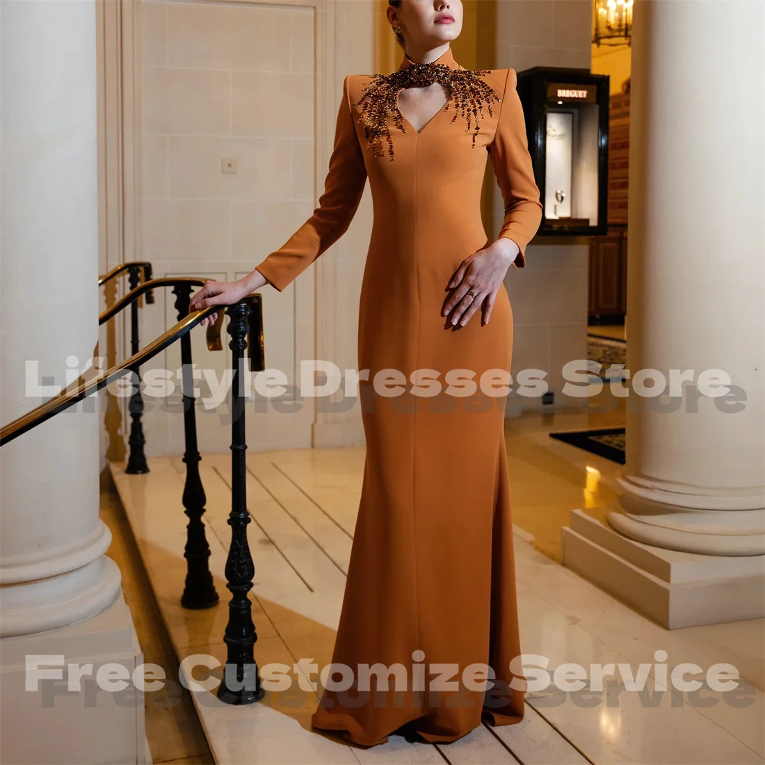 Customized High Collar Crystal Beads Long Sleeves Prom Dress For Special Occasion Evening Dress Cut-out Elegant Party Gown