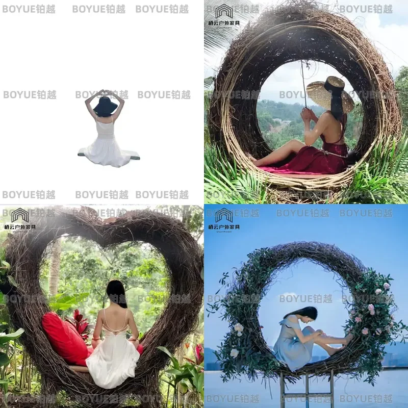 Rattan Hanging Chair Outdoor Swing Bird Nest Bed Bali Style Wicker Art Basket for Wedding Photo Shoot Scenic Decor