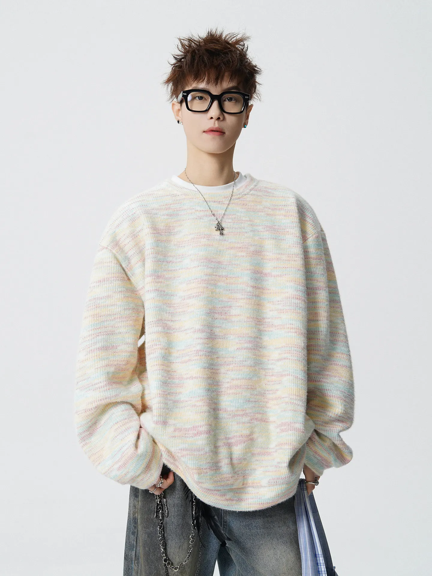 

Модный брендовый свитер с круглым вырезом американского радужного цвета, мужской свободный свитер в стиле ретро для пар, повседневный универсальный пуловер, топ