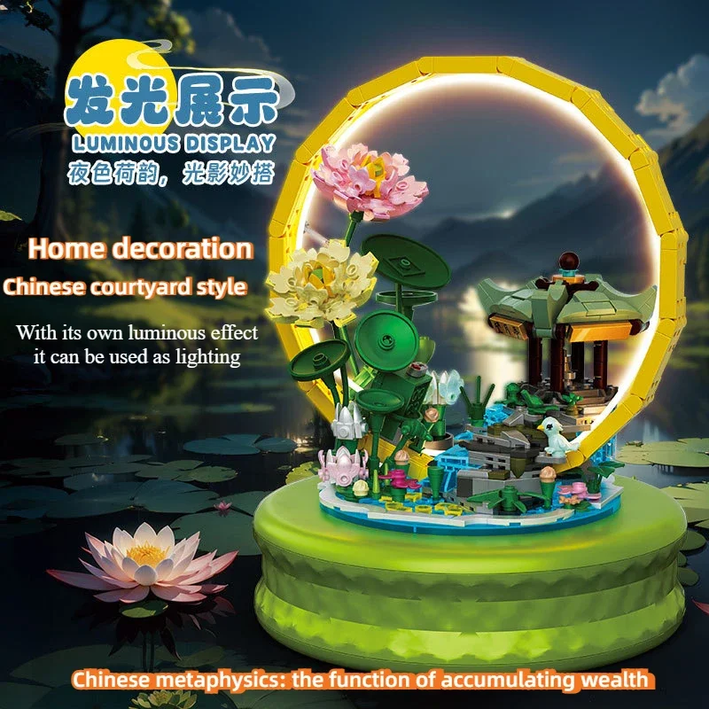 

DIY Building Blocks Kit - Glow in Dark Chinese Courtyard Lotus Model, 3D Feng Shui Wealth Decor for Home Display & Collection