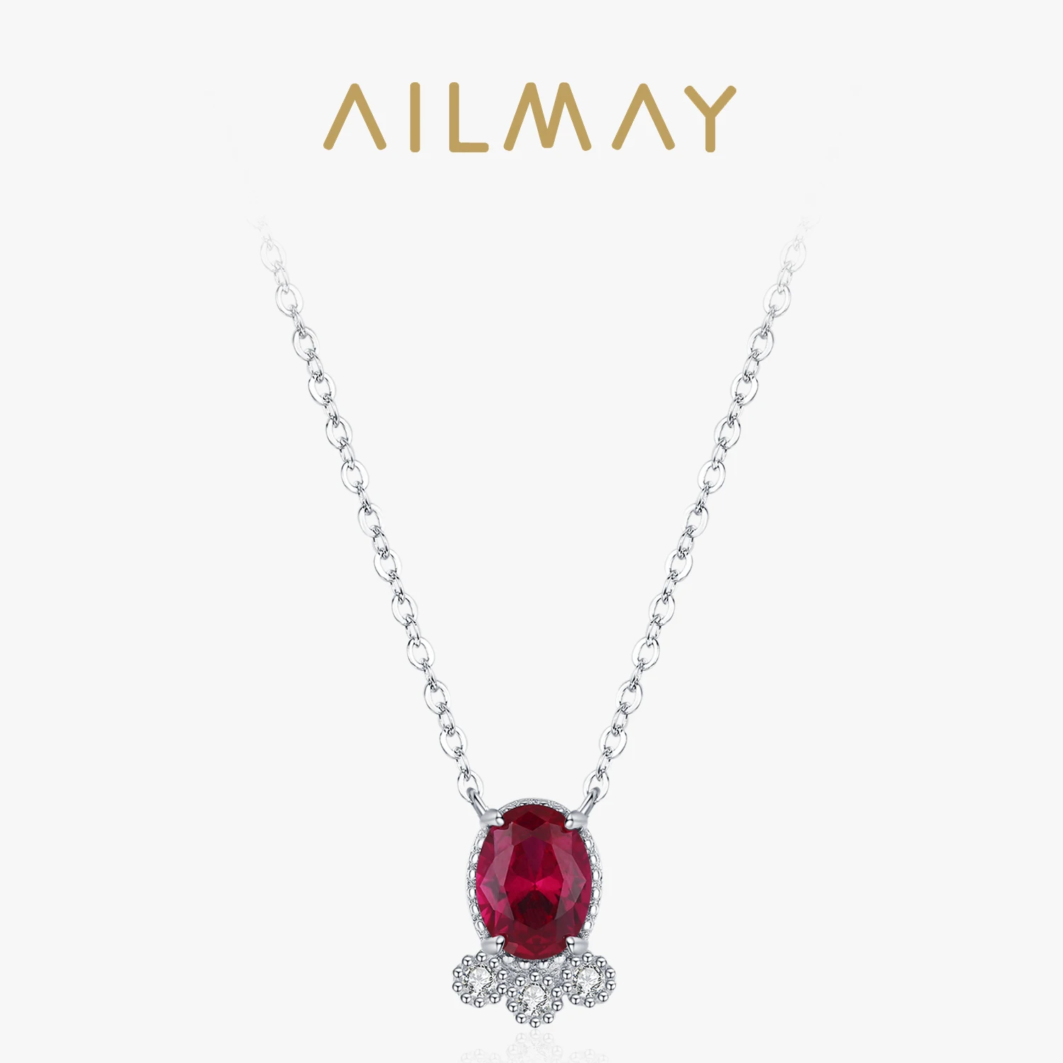 Ailmay 925 Sterling Silver Oval Red Zircon Pendant Necklace For Women Fashion Anniversary Commemorative Party Jewelry