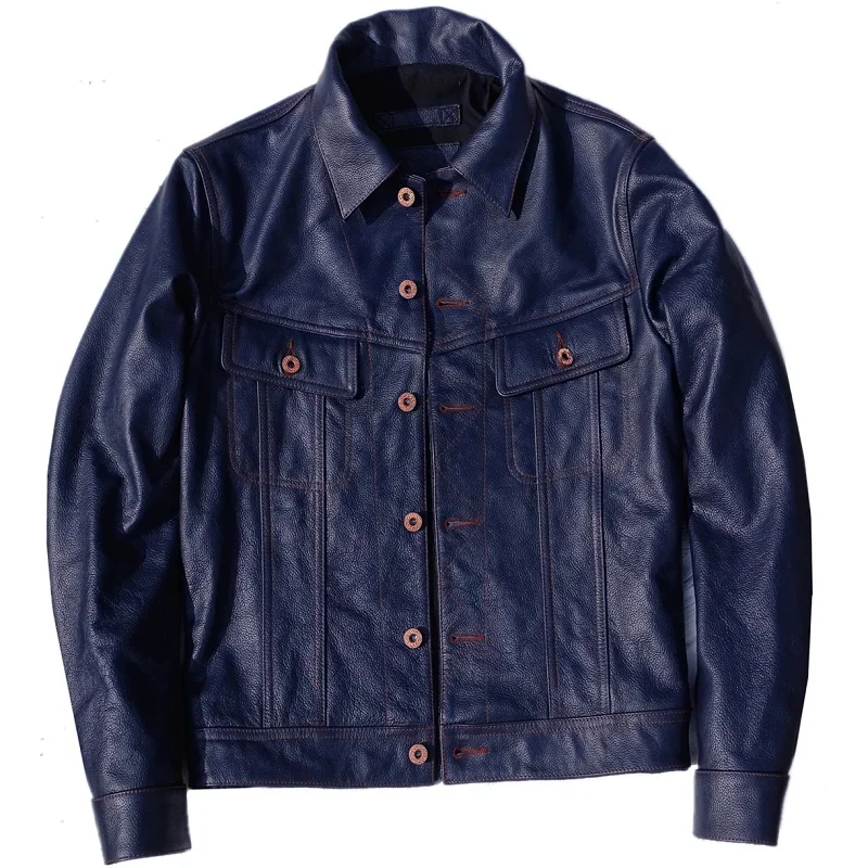 

YR!100% real leather Cuero Super slim blue genuine jacket.men classic casual short young cowhide coat.fashion 천연 가죽