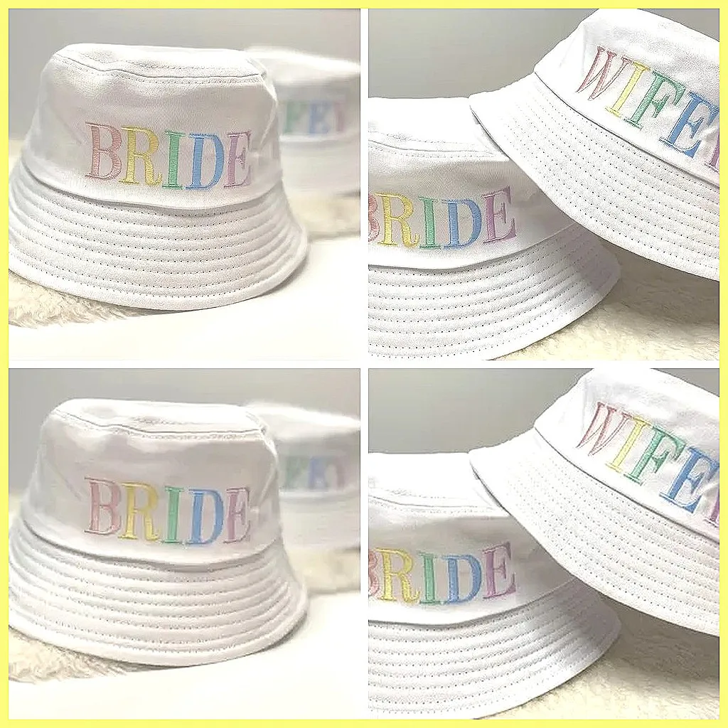 

Wholesale price custom name factory sale Custom Soccer Shirt Bride Bucket Hat Custom Wifey Fisherman Cap Multicolor Embroidery Wedding Party Headwear Accessory for Bride France Spain Argentina England Brazil Morocco Belgium Germany Colombia Senegal