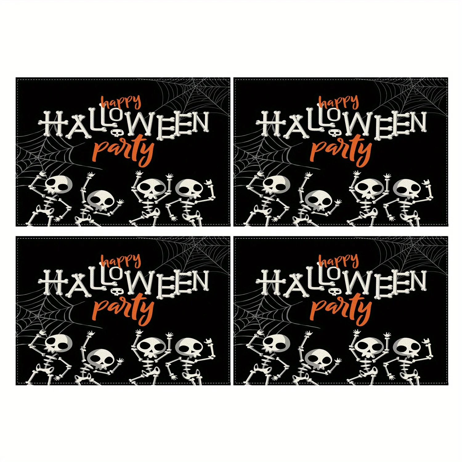 4pcs Happy Halloween Skeleton Spider Web Placemats 12x18 Inch Durable Polyester Table Decor with Spooky Skeleton Web