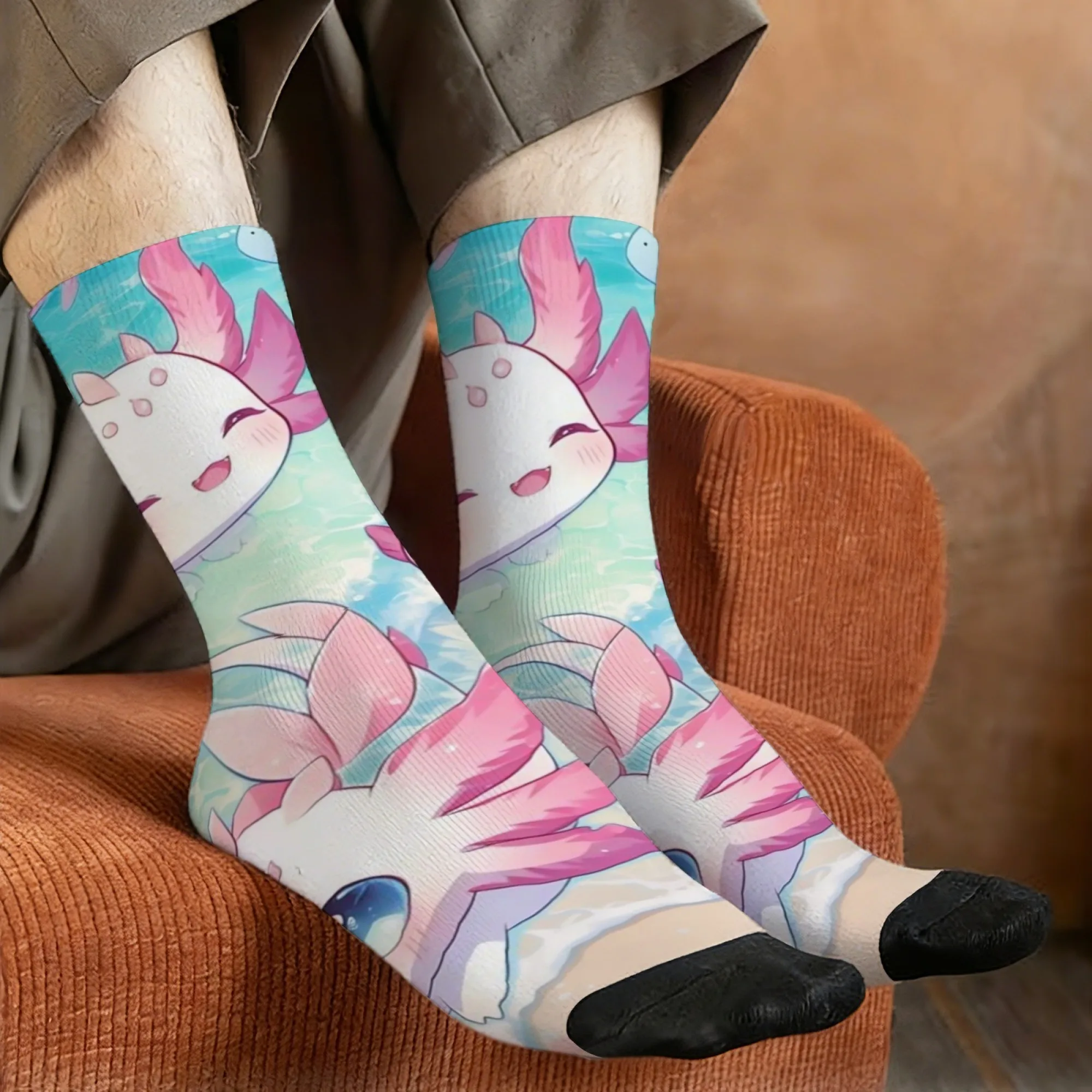 Adorable Hexagonal Axolotl Cartoon Print Mid-calf Socks Novel Retro Cartoon Party Style Incredibly Comfortable Breathable Soft