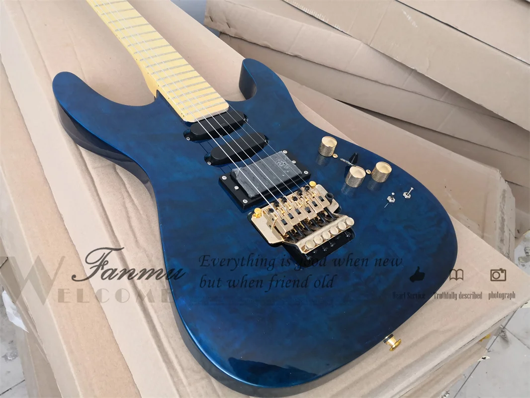 Blue Electric Guitar PC-1 Guitar Basswood Body Maple Fingerboard Tremolo Bridge SSH Pickups Active Battery Gold Tuners