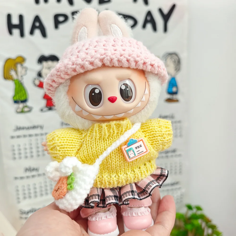 Miniatuur poppenkleding schoenen accessoires voor 17 cm LABUBU kleding trui + hoed + schoudertas set