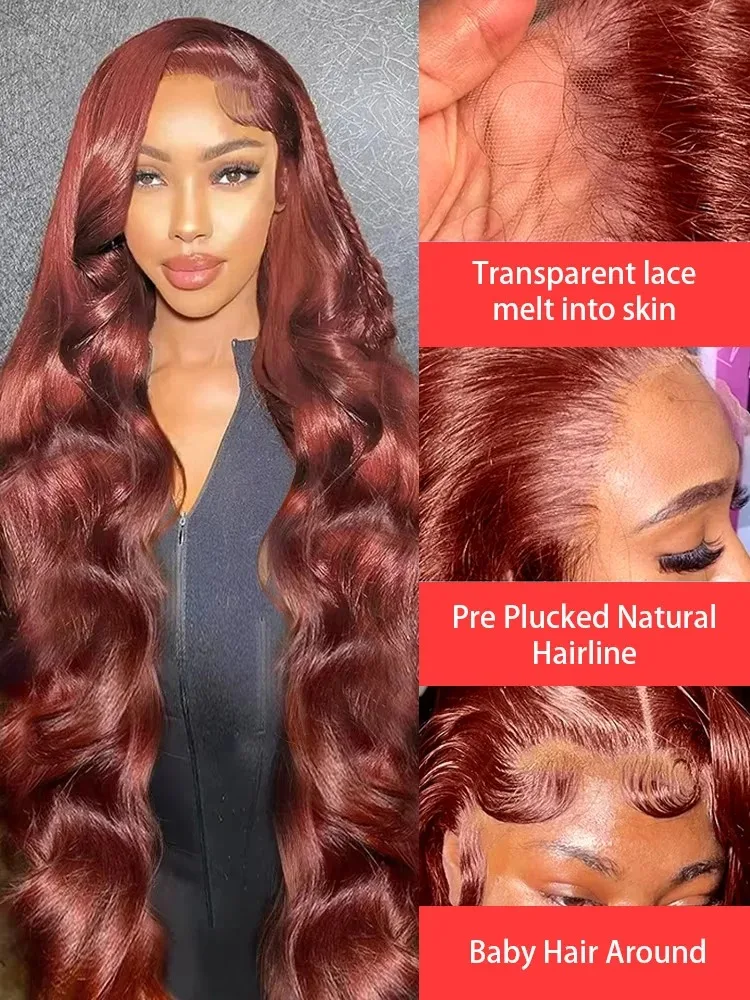 Gelombang tubuh 40 inci 13x6 HD coklat kemerahan renda rambut manusia Wig ketebalan 200 Wig renda depan Remy Brasil untuk wanita