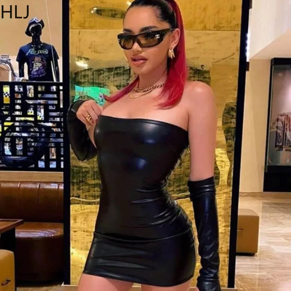 

HLJ Sexy Solid Bodycon Mini Tube Dresses Women Off Shoulder Backless Slim Nightclub Vestidos Fashion With Sleeve Glove Clothing