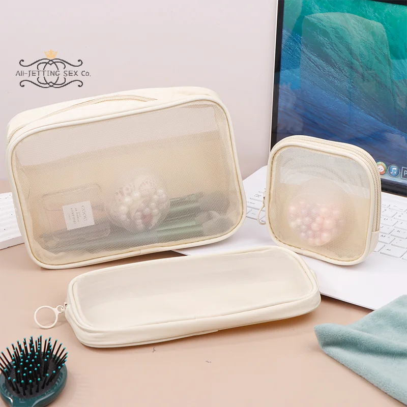 Bolsas de cosméticos transparentes de malla, bolsa de maquillaje negra grande y pequeña, estuche organizador de artículos de tocador de viaje portátil, bolsa de almacenamiento de lápiz labial