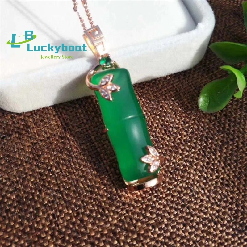 Natural Ice Pink Chalcedony Bamboo Pendant S925 Silver Inlaid Green Chalcedony Bamboo Sweater Chain Pendant Women Fashion Jewelr