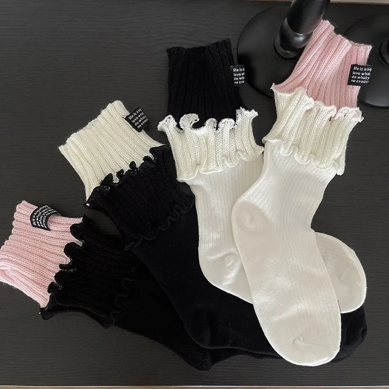 

1 Pair New 2025 Autumn Style Knit Trim Cotton Socks for Women Ruffle Lace Embroidered Letter Mid Calf Slouch Socks for Girls