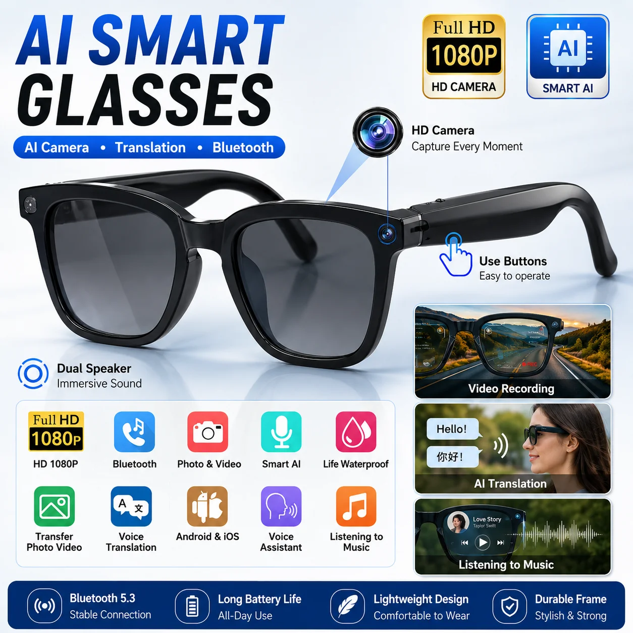 2026 Neue KI-Smart-Brille mit KI-Übersetzung, 8MP HD-Kamera, 4K-Aufnahme, Bildkonversation, Aufzeichnung und Musikwiedergabe