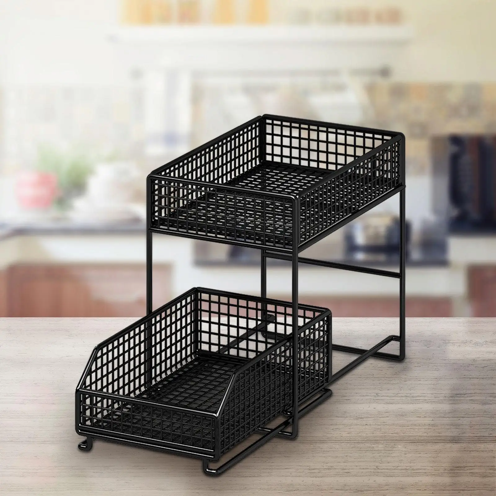 2 Tier Under Sink Organizer Metal Kitchen Cabinet Organizer Sliding Cabinet Basket for Kitchen Cabinet Bathroom Home Countertop