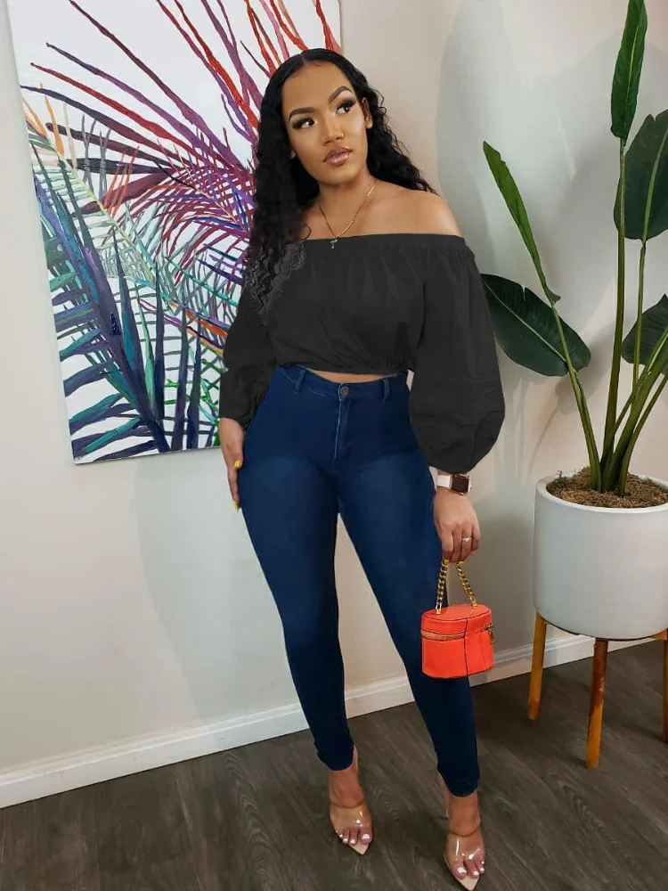 Women's Solid Color T-shirt Full Lantern Sleeve Off-the-shoulder Loose Casual Short Top Fashion Streetwear Autumn Wear